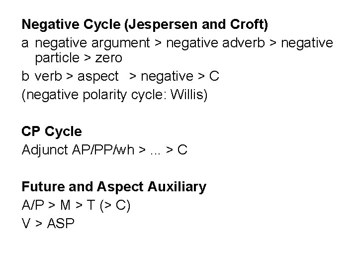 Negative Cycle (Jespersen and Croft) a negative argument > negative adverb > negative particle