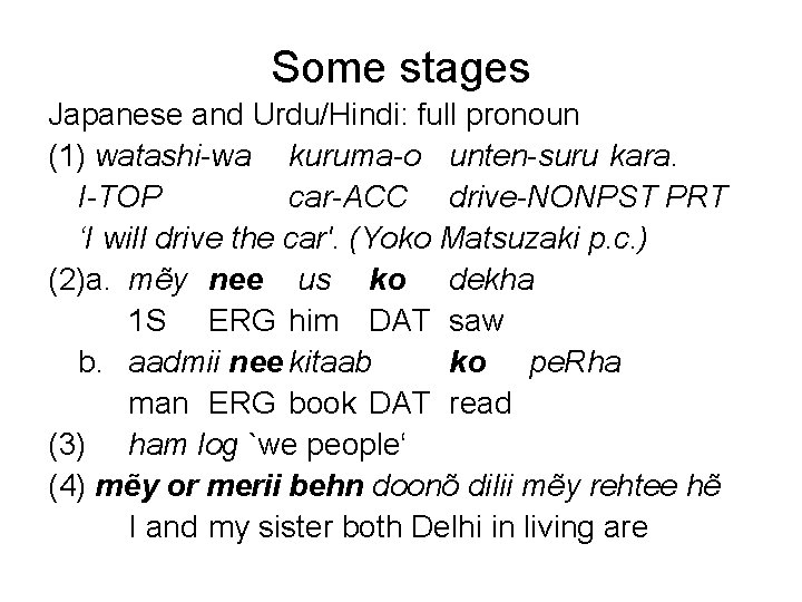 Some stages Japanese and Urdu/Hindi: full pronoun (1) watashi-wa kuruma-o unten-suru kara. I-TOP car-ACC