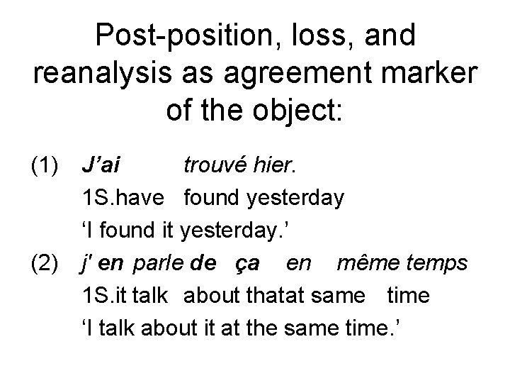 Post-position, loss, and reanalysis as agreement marker of the object: (1) (2) J’ai trouvé