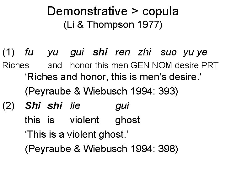Demonstrative > copula (Li & Thompson 1977) (1) fu Riches (2) yu gui shi