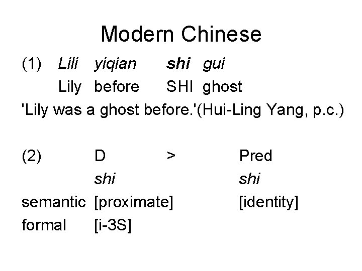 Modern Chinese (1) Lili yiqian shi gui Lily before SHI ghost 'Lily was a