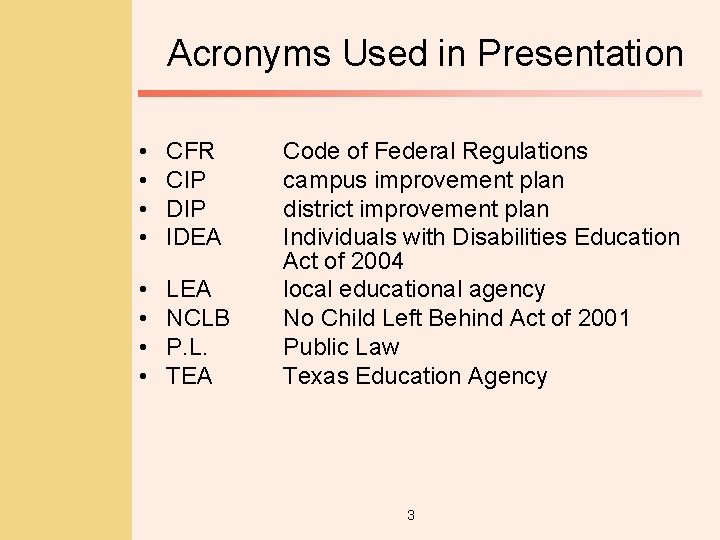 Acronyms Used in Presentation • • CFR CIP DIP IDEA • • LEA NCLB