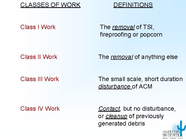 CLASSES OF WORK DEFINITIONS Class I Work The removal of TSI, fireproofing or popcorn