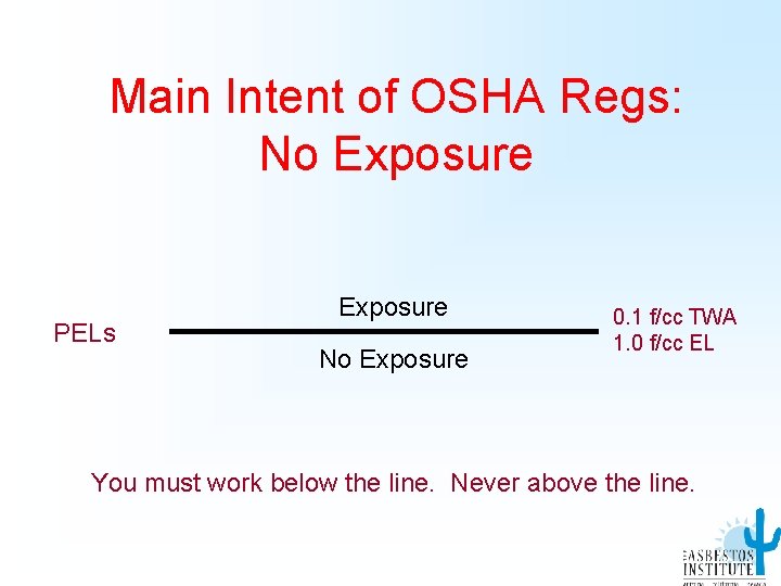 Main Intent of OSHA Regs: No Exposure PELs Exposure No Exposure 0. 1 f/cc