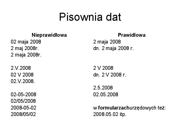 Pisownia dat Nieprawidłowa 02 maja 2008 2 maj 2008 r. 2 maja 2008 r.
