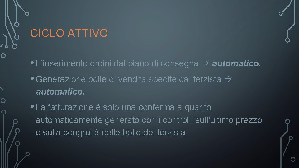 CICLO ATTIVO • L’inserimento ordini dal piano di consegna automatico. • Generazione bolle di