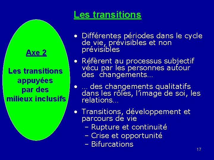 Les transitions Axe 2 • Différentes périodes dans le cycle de vie, prévisibles et