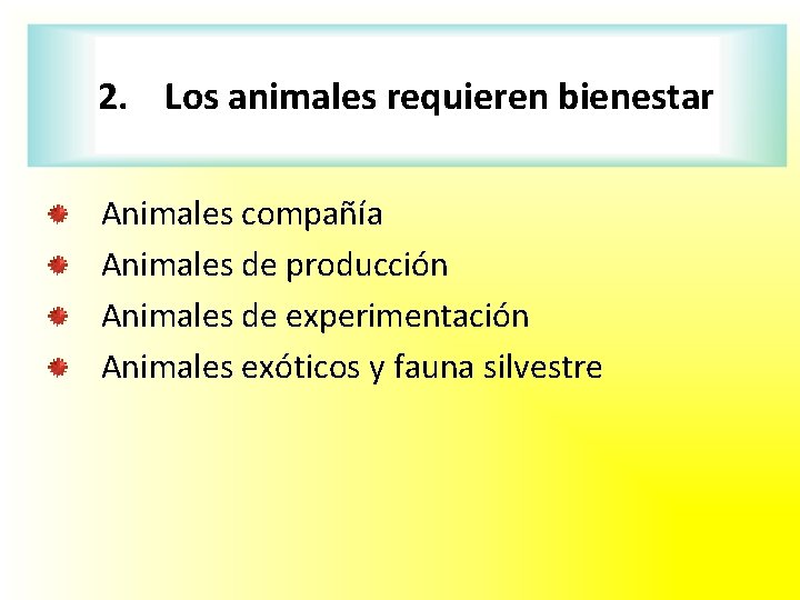 2. Los animales requieren bienestar Animales compañía Animales de producción Animales de experimentación Animales