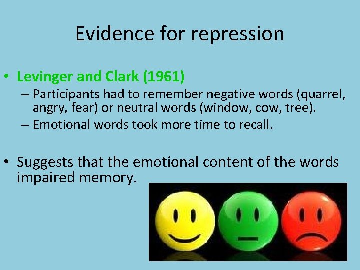 Evidence for repression • Levinger and Clark (1961) – Participants had to remember negative