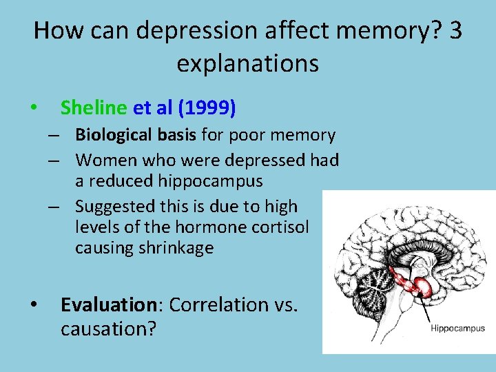 How can depression affect memory? 3 explanations • Sheline et al (1999) – Biological