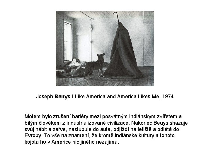 Joseph Beuys I Like America and America Likes Me, 1974 Motem bylo zrušení bariéry