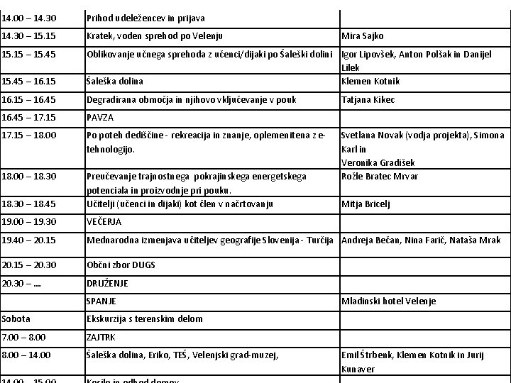 14. 00 – 14. 30 Prihod udeležencev in prijava 14. 30 – 15. 15