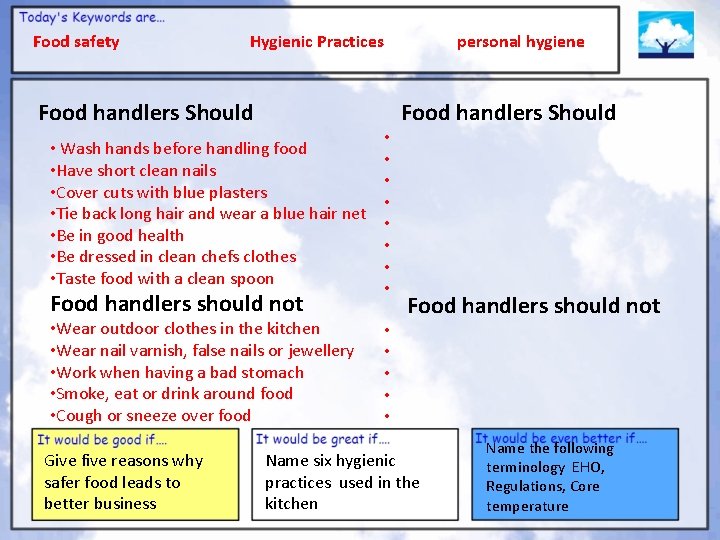 Food safety Hygienic Practices Food handlers Should • Wash hands before handling food •