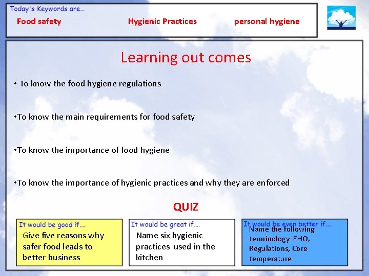 Food safety Hygienic Practices personal hygiene Learning out comes • To know the food