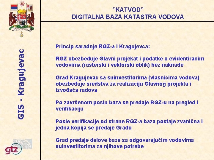 GIS - Kragujevac ”KATVOD” DIGITALNA BAZA KATASTRA VODOVA Princip saradnje RGZ-a i Kragujevca: RGZ