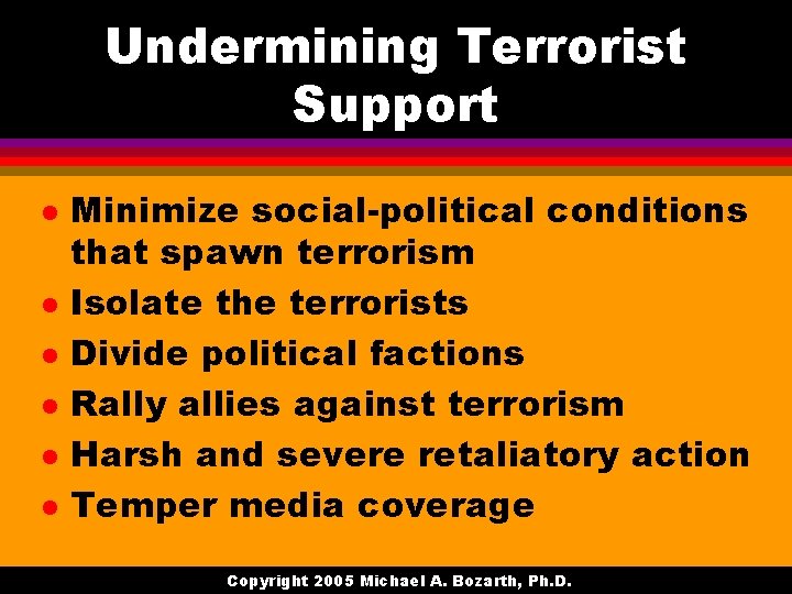 Undermining Terrorist Support l l l Minimize social-political conditions that spawn terrorism Isolate the