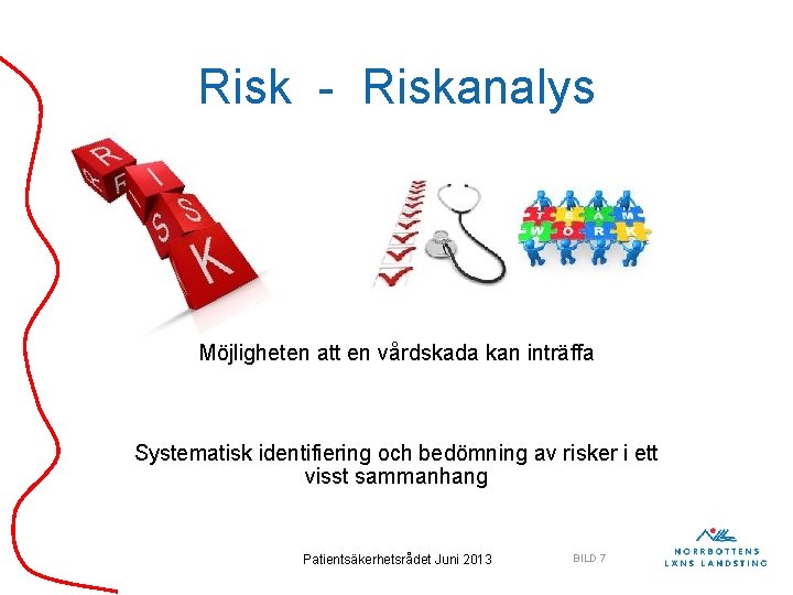 Risk - Riskanalys Möjligheten att en vårdskada kan inträffa Systematisk identifiering och bedömning av