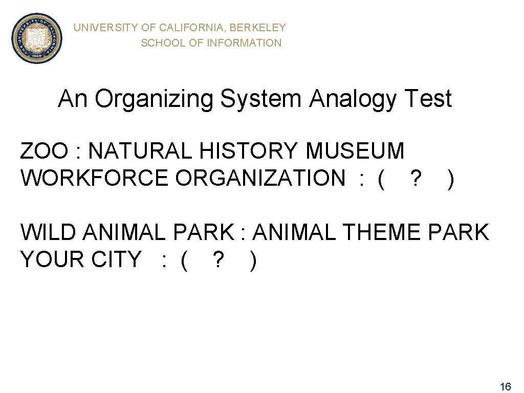 UNIVERSITY OF CALIFORNIA, BERKELEY SCHOOL OF INFORMATION An Organizing System Analogy Test ZOO :