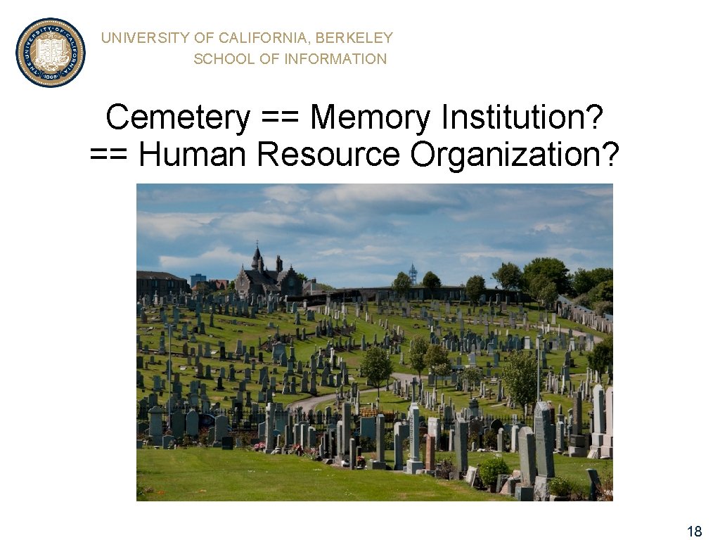 UNIVERSITY OF CALIFORNIA, BERKELEY SCHOOL OF INFORMATION Cemetery == Memory Institution? == Human Resource