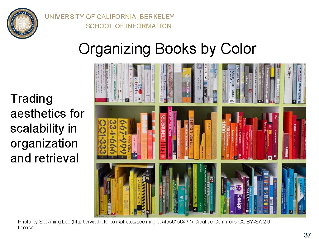UNIVERSITY OF CALIFORNIA, BERKELEY SCHOOL OF INFORMATION Organizing Books by Color Trading aesthetics for