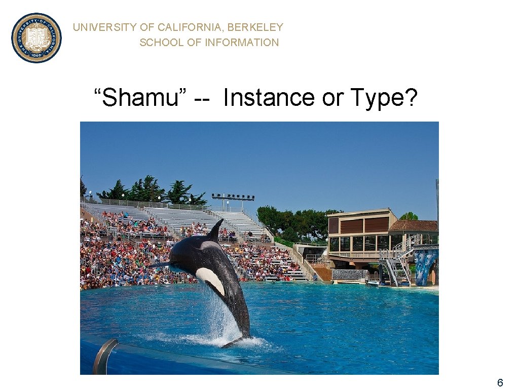 UNIVERSITY OF CALIFORNIA, BERKELEY SCHOOL OF INFORMATION “Shamu” -- Instance or Type? 6 
