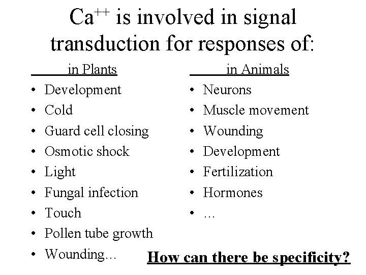 Ca++ is involved in signal transduction for responses of: • • • in Plants