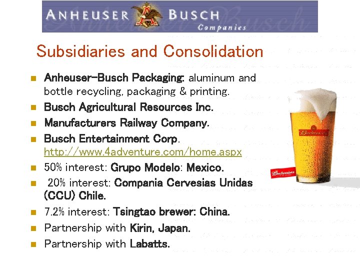 Subsidiaries and Consolidation n n n n Anheuser-Busch Packaging: aluminum and bottle recycling, packaging