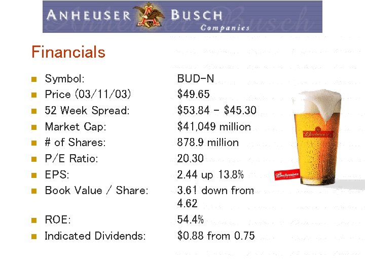 Financials n n n n n Symbol: Price (03/11/03) 52 Week Spread: Market Cap: