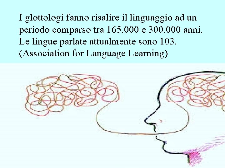 I glottologi fanno risalire il linguaggio ad un periodo comparso tra 165. 000 e