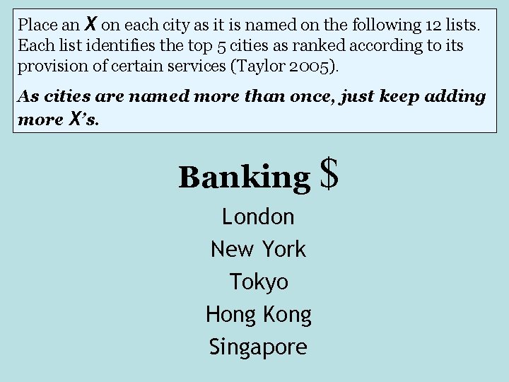 Place an X on each city as it is named on the following 12