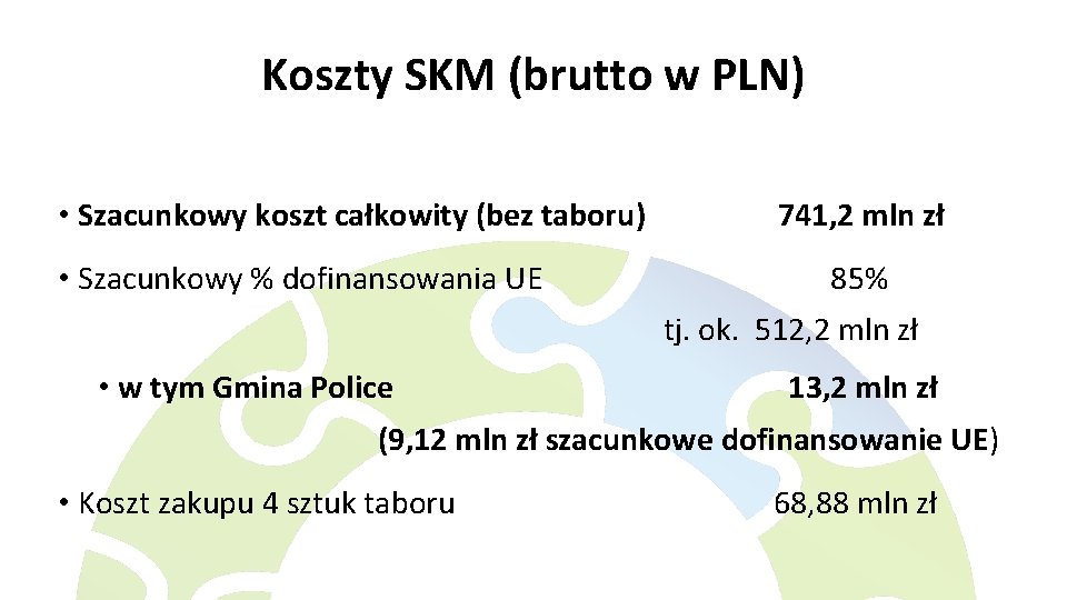 Koszty SKM (brutto w PLN) • Szacunkowy koszt całkowity (bez taboru) • Szacunkowy %