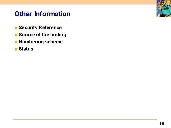 Other Information ■ Security Reference ■ Source of the finding ■ Numbering scheme ■