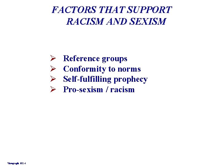 FACTORS THAT SUPPORT RACISM AND SEXISM Ø Ø Viewgraph #21 -4 Reference groups Conformity