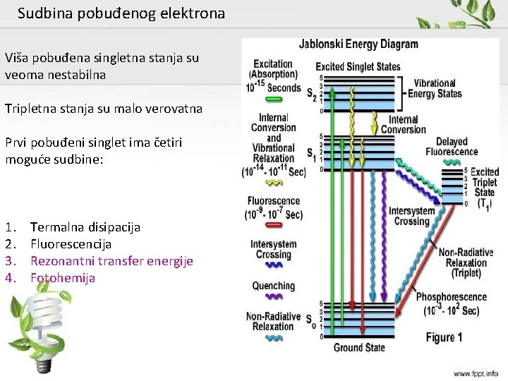 Sudbina pobuđenog elektrona Viša pobuđena singletna stanja su veoma nestabilna Tripletna stanja su malo