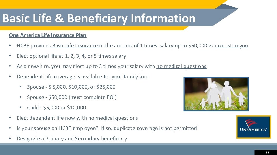 Basic Life & Beneficiary Information One America Life Insurance Plan • HCBE provides Basic