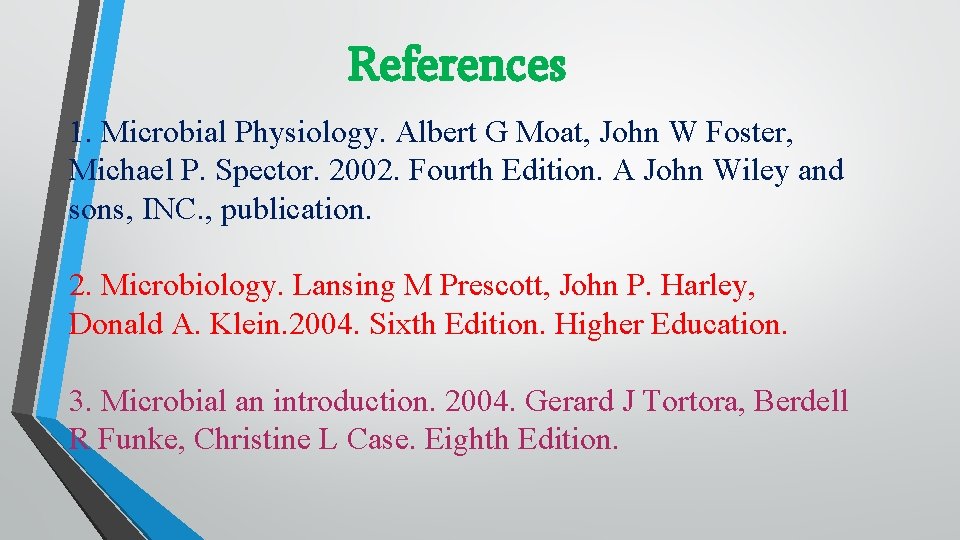 References 1. Microbial Physiology. Albert G Moat, John W Foster, Michael P. Spector. 2002.