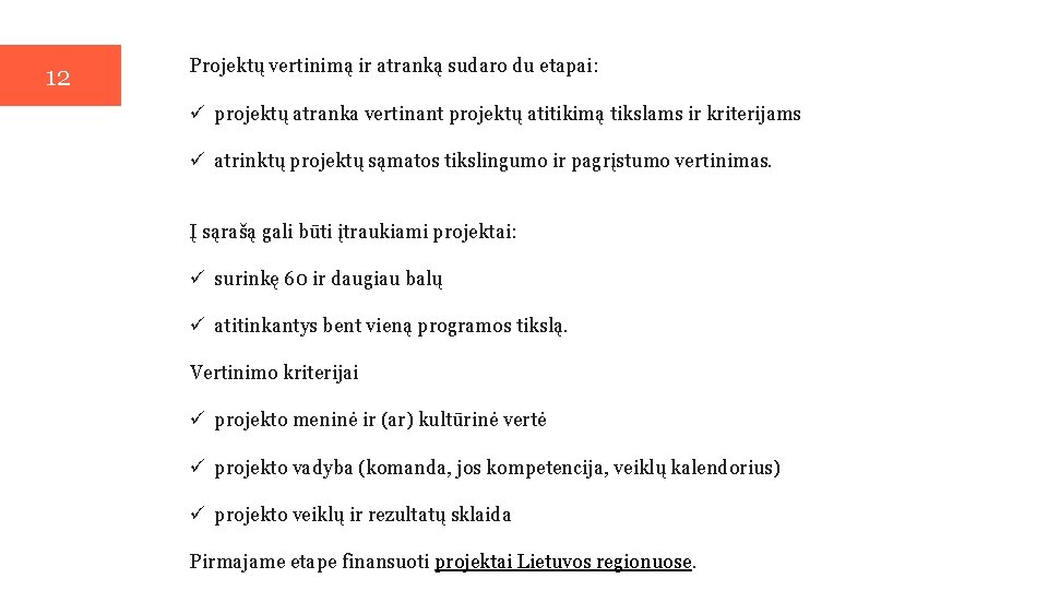 12 Projektų vertinimą ir atranką sudaro du etapai: ü projektų atranka vertinant projektų atitikimą