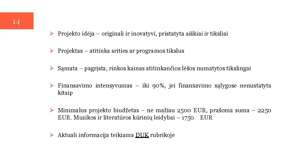 14 Ø Projekto idėja – originali ir inovatyvi, pristatyta aiškiai ir tiksliai Ø Projektas