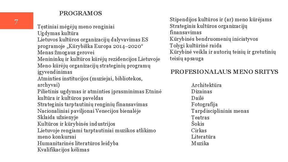PROGRAMOS 7 Tęstiniai mėgėjų meno renginiai Ugdymas kultūra Lietuvos kultūros organizacijų dalyvavimas ES programoje