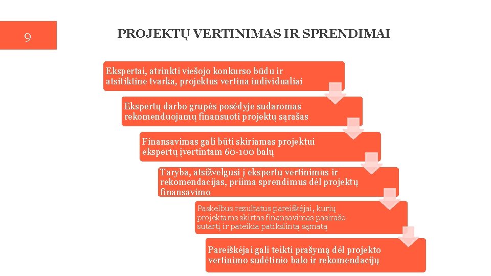 9 PROJEKTŲ VERTINIMAS IR SPRENDIMAI Ekspertai, atrinkti viešojo konkurso būdu ir atsitiktine tvarka, projektus