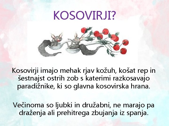 KOSOVIRJI? Kosovirji imajo mehak rjav kožuh, košat rep in šestnajst ostrih zob s katerimi