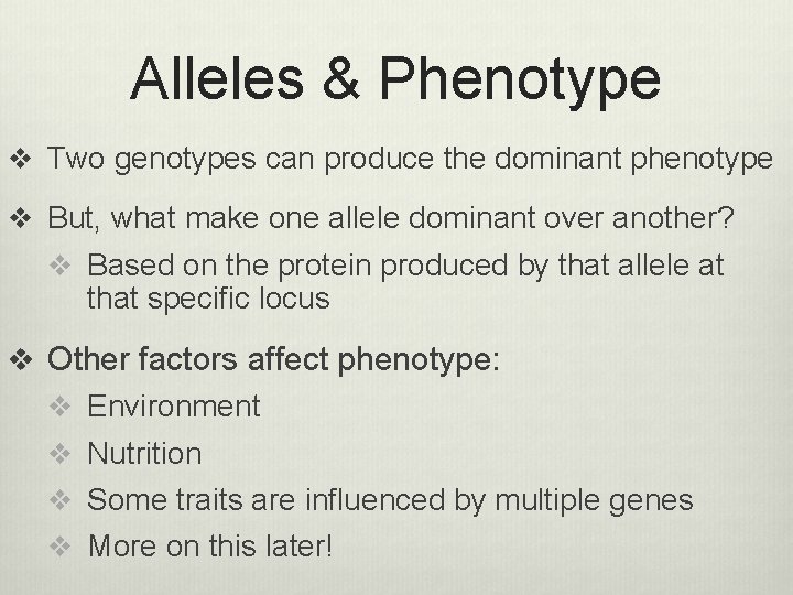 Alleles & Phenotype v Two genotypes can produce the dominant phenotype v But, what