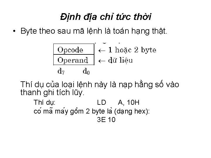 Định địa chỉ tức thời • Byte theo sau mã lệnh là toán hạng