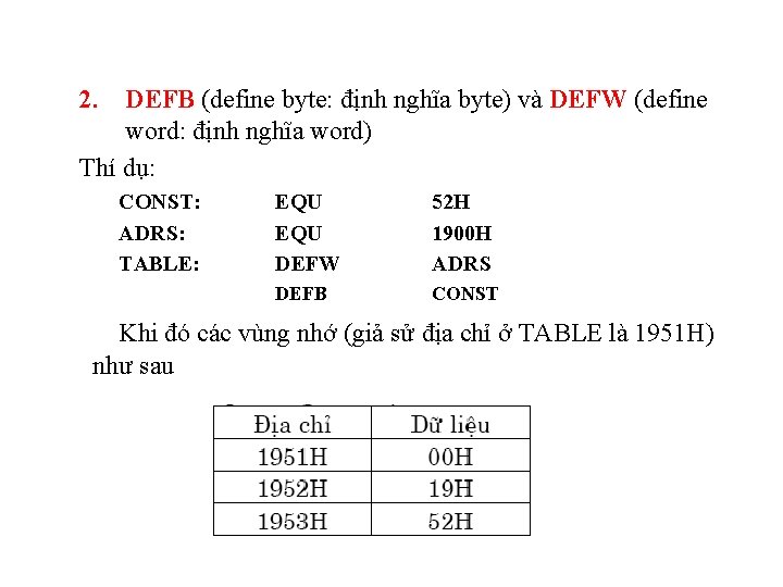 2. DEFB (define byte: định nghĩa byte) và DEFW (define word: định nghĩa word)