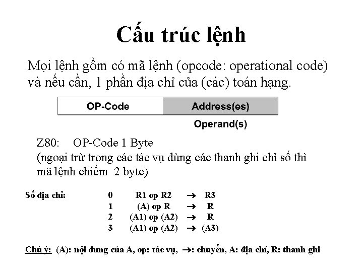 Cấu trúc lệnh Mọi lệnh gồm có mã lệnh (opcode: operational code) và nếu