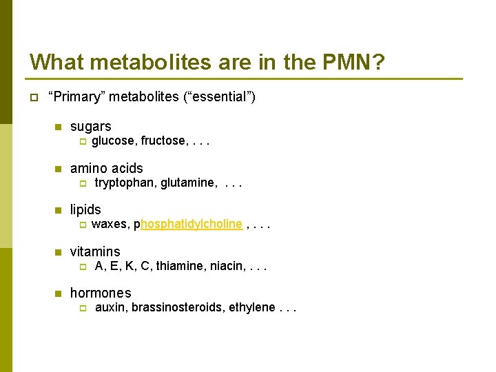 What metabolites are in the PMN? p “Primary” metabolites (“essential”) n sugars p n