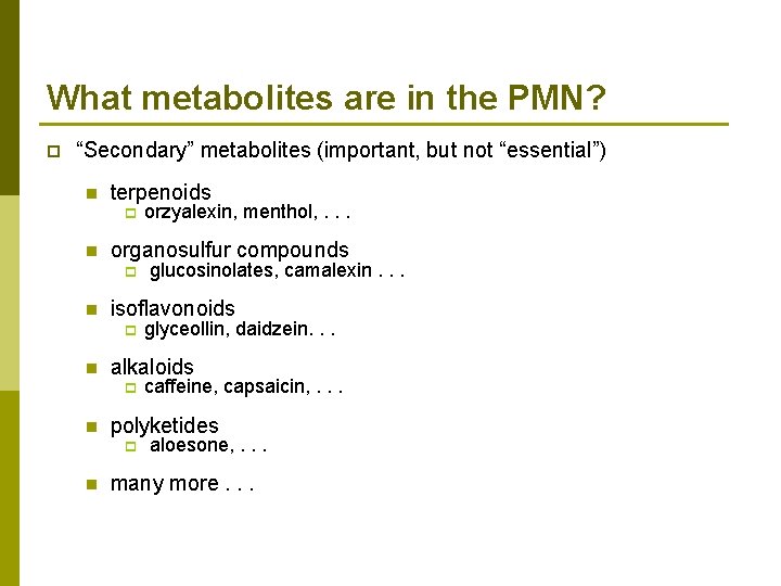 What metabolites are in the PMN? p “Secondary” metabolites (important, but not “essential”) n