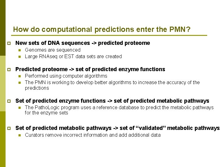 How do computational predictions enter the PMN? p New sets of DNA sequences ->