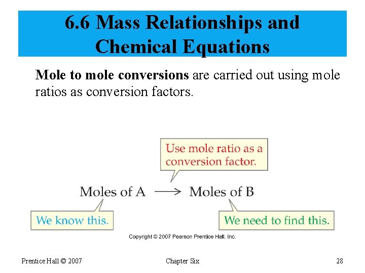 6. 6 Mass Relationships and Chemical Equations Mole to mole conversions are carried out