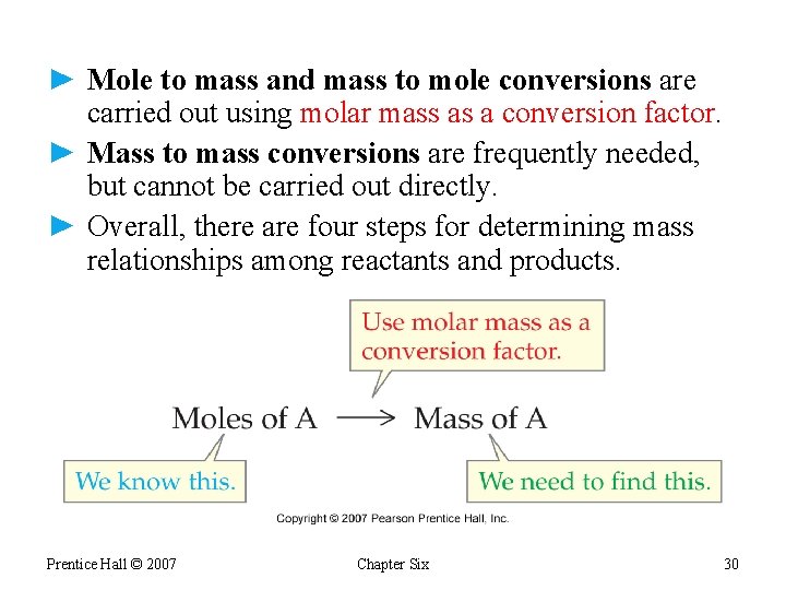 ► Mole to mass and mass to mole conversions are carried out using molar